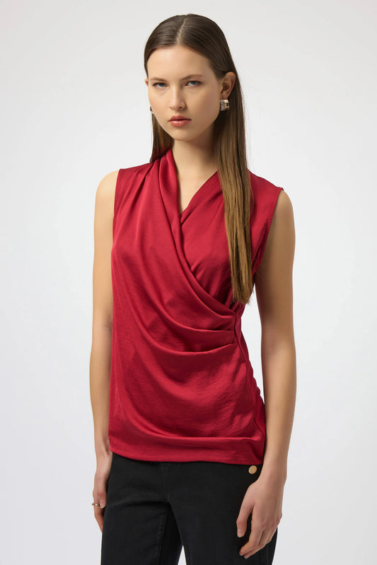 Joseph Ribkoff Recycled Satin & Silky Knit Sleeveless Wrap Top Deep Cherry 254215