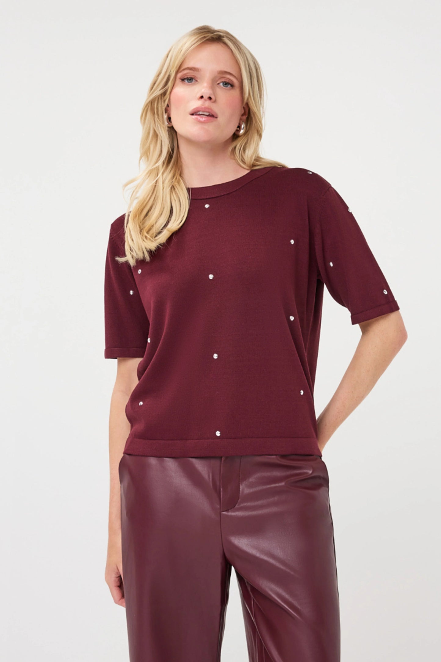 Esqualo Studded Knit Top Merlot