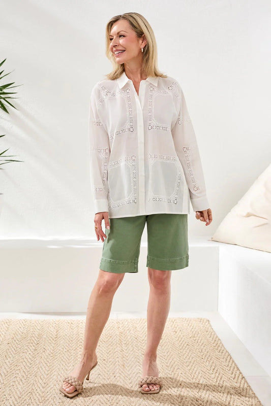 Tribal Embroidered Cotton Voile Button Blouse