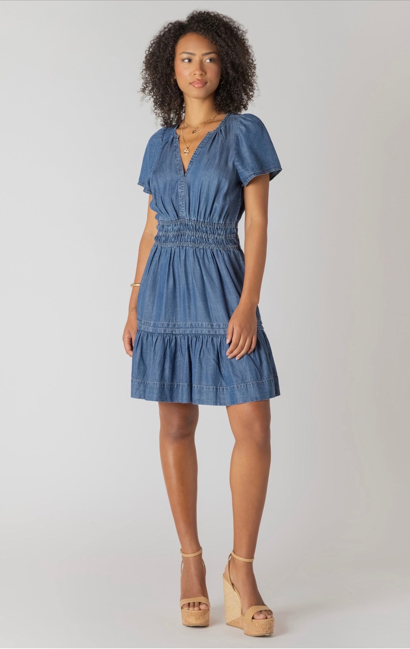 Room 34 Smocked Waist Tiered Mini Dress Indigo