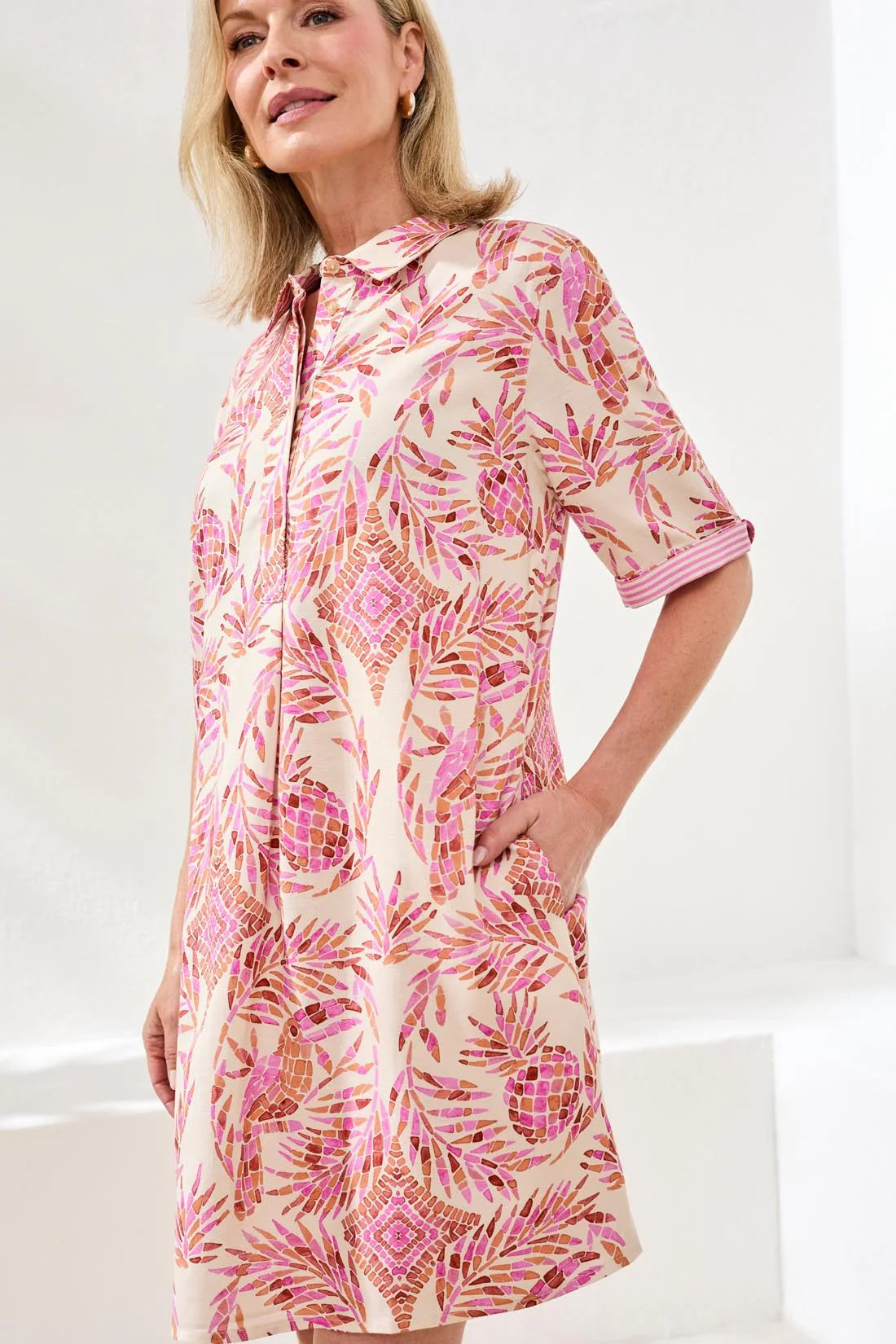 Tribal Short Sleeve Collared Shift Dress