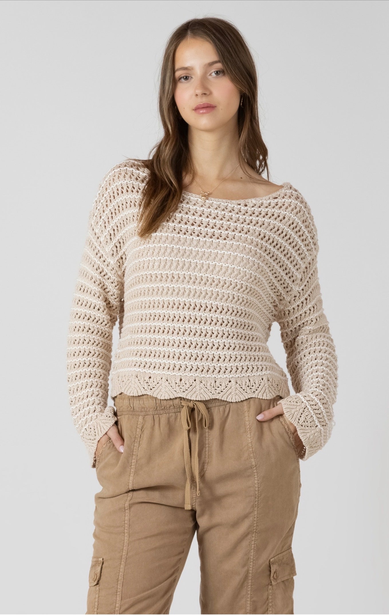 Dex Scalloped Hem Open Stitch Sweater Sand