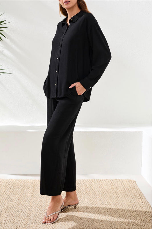 Tribal Linen Flowy Button Up Shirt Black