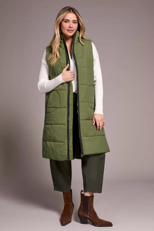Tribal Long Zip Up Quilted Vest Chive
