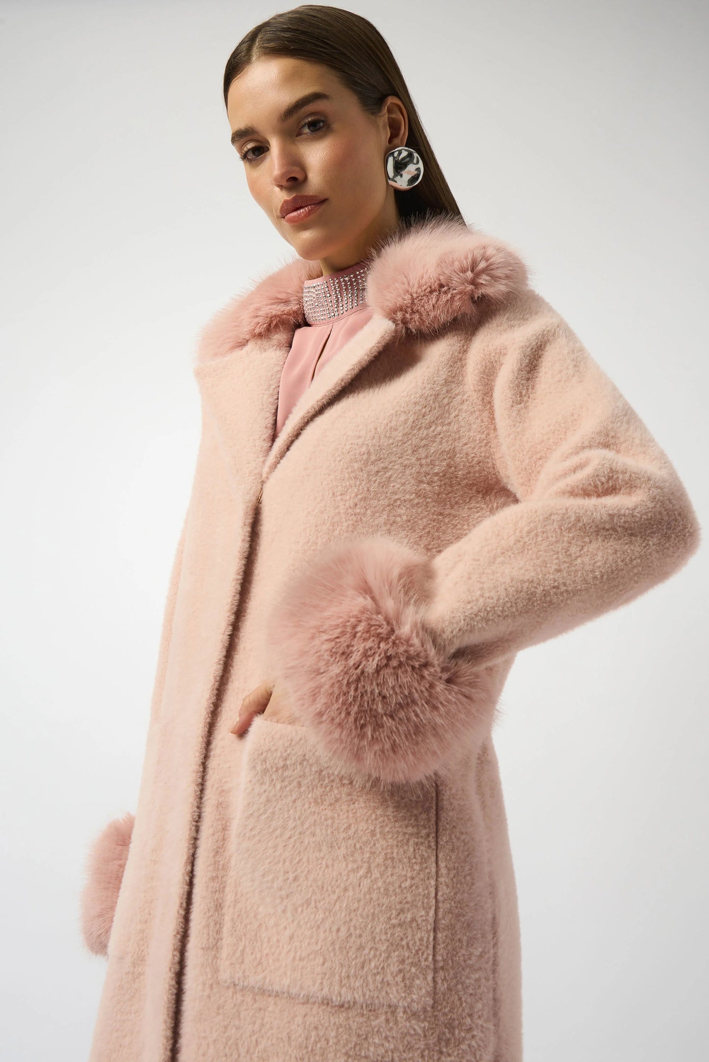 Feather Yarn and Faux Fur Sweater Coat
243923F25