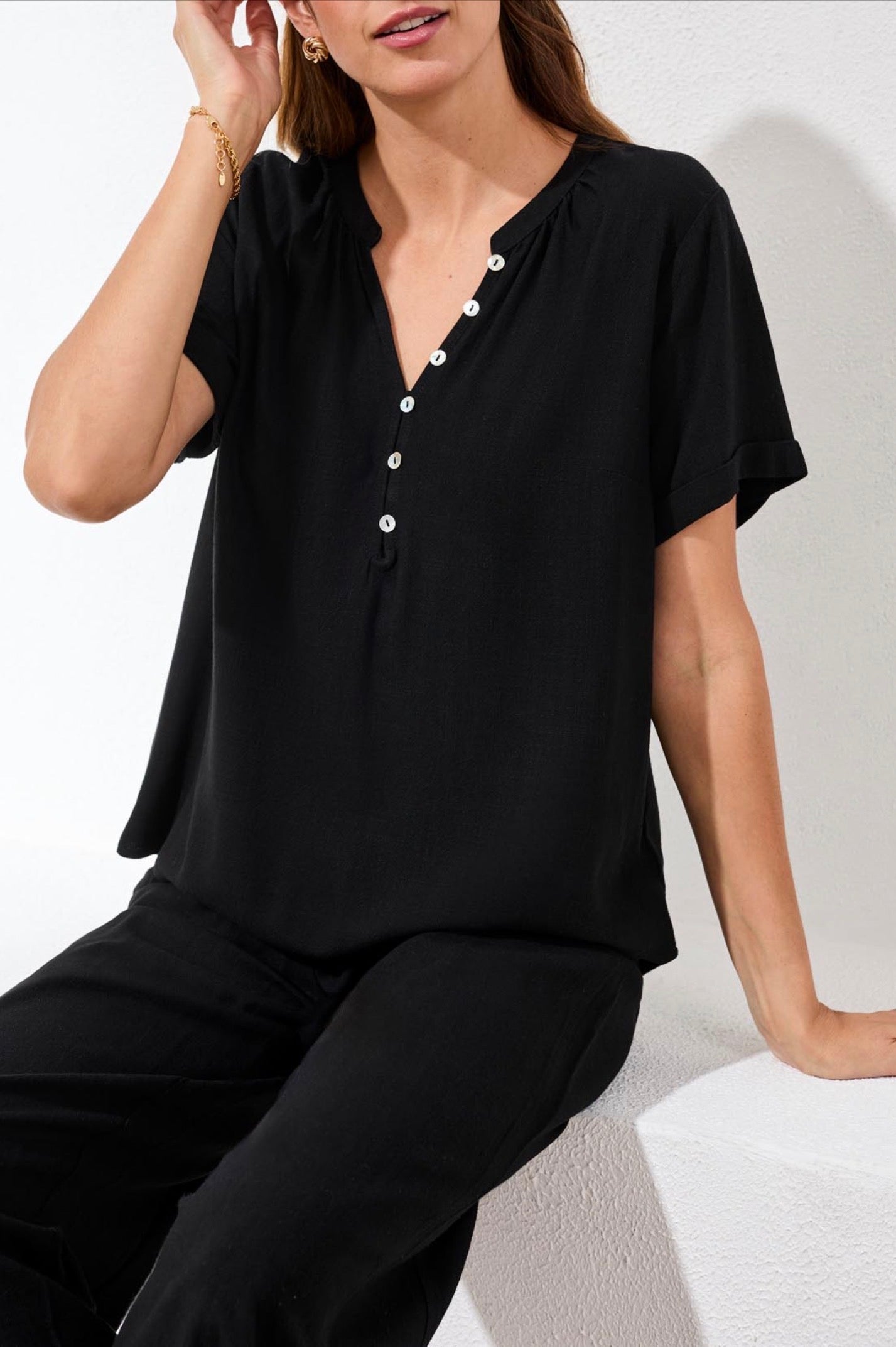 Tribal Linen Notch Neck Relaxed Top Black