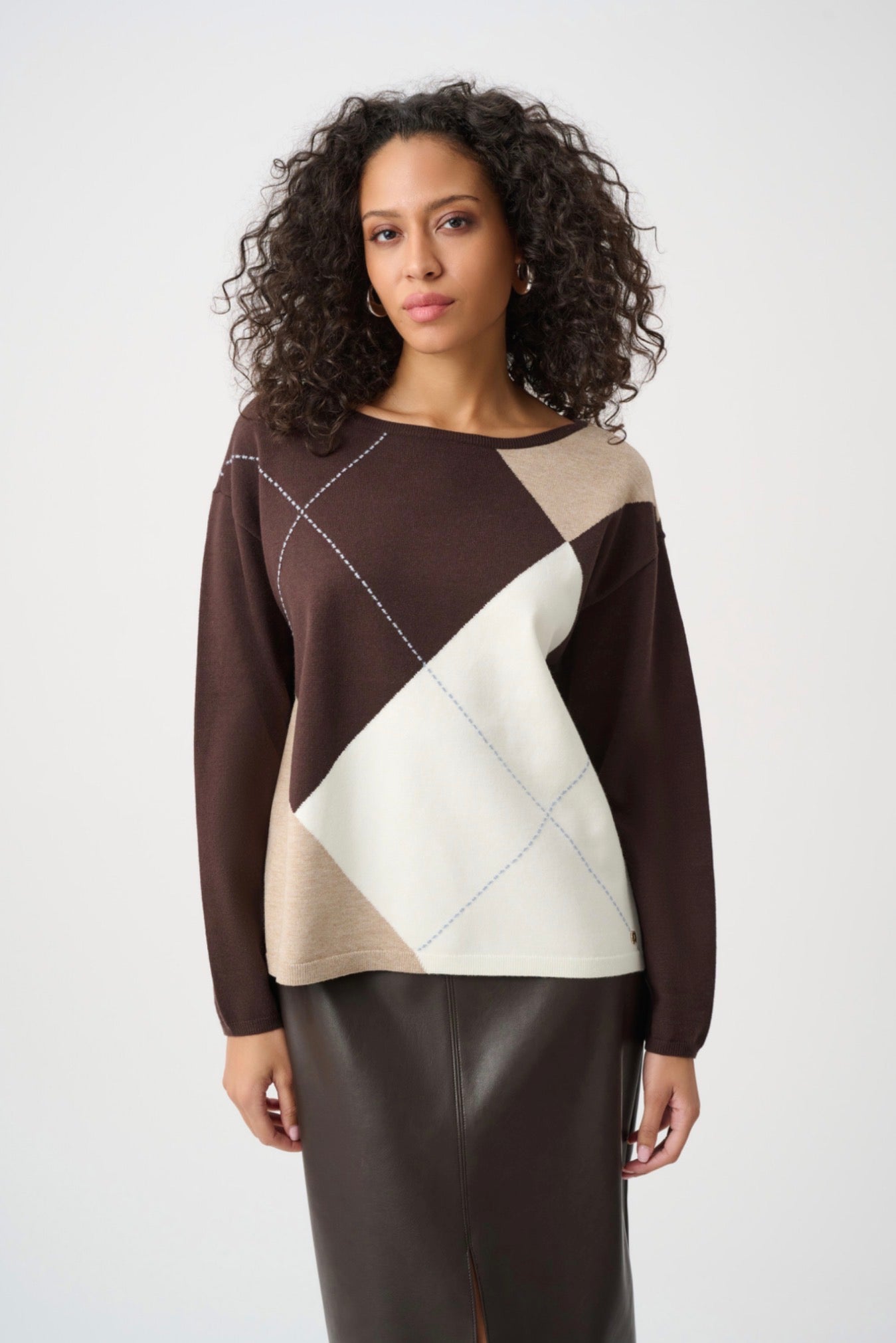 Joseph Ribkoff Brushed Viscose Knit Argyle Pattern Crewneck Sweater 263948