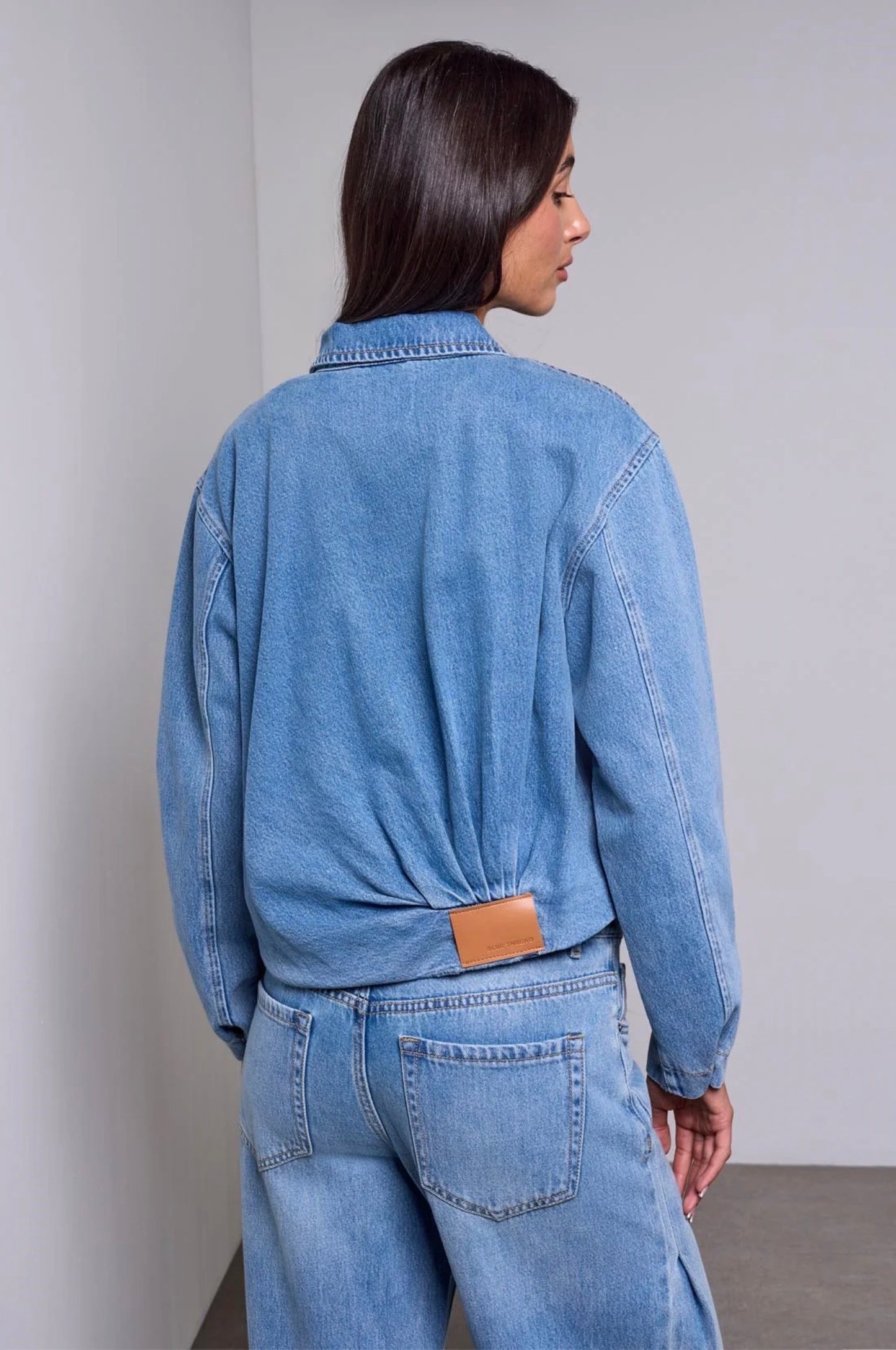 Tribal Blue Thread Bubble Hem Bomber Jacket
