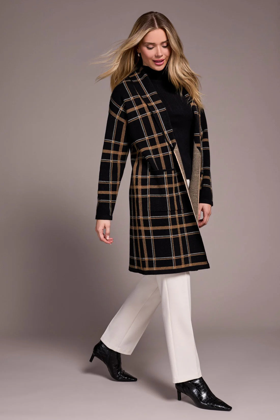 DOUBLE KNIT LONG PLAID COATIGAN