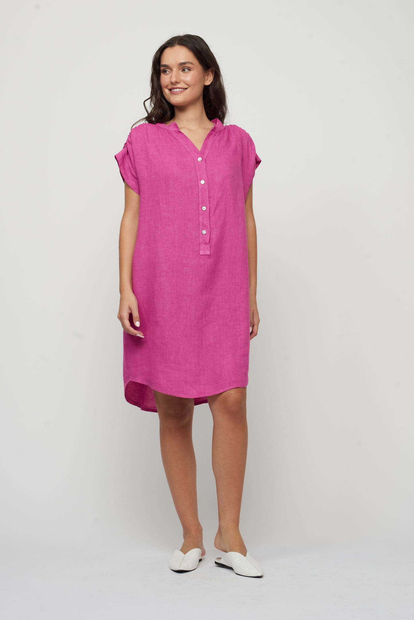 Pistache Pink V-Neck Button Front Dress