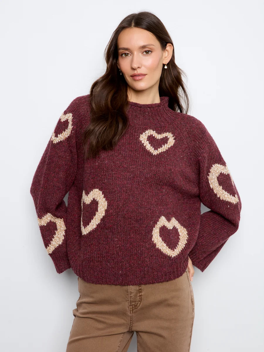 HIGH NECK KNIT SWEATER WITH HEART PLACEMENT