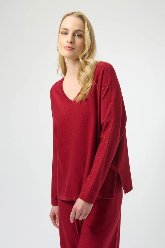 Joseph Ribkoff Sequined Sweater Knit Boxy Top Deep Cherry 244921F25