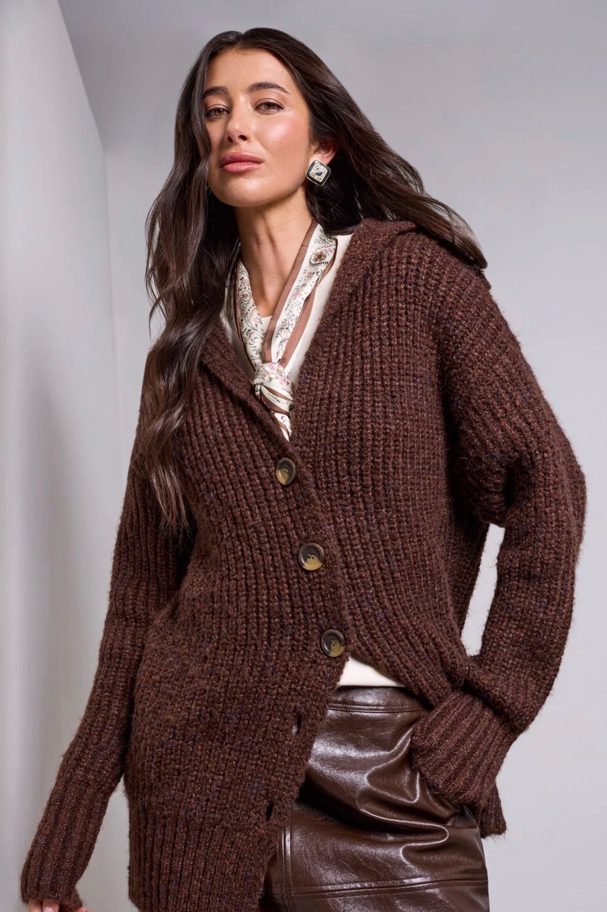 Tribal Blue Thread Oversized Knit Cardigan Chocolate