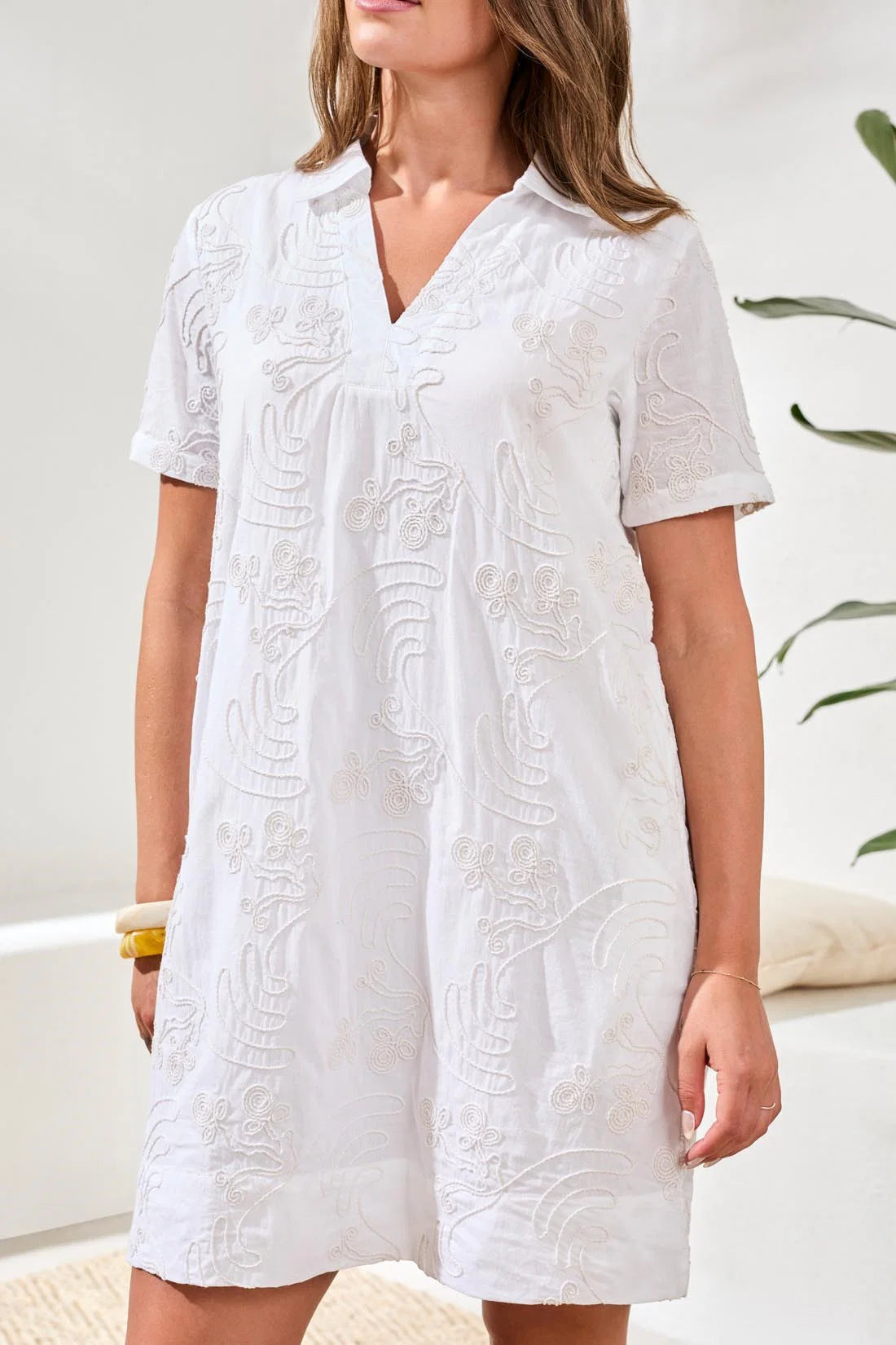 Tribal Elbow Sleeve V-Neck Tunic Dress White
