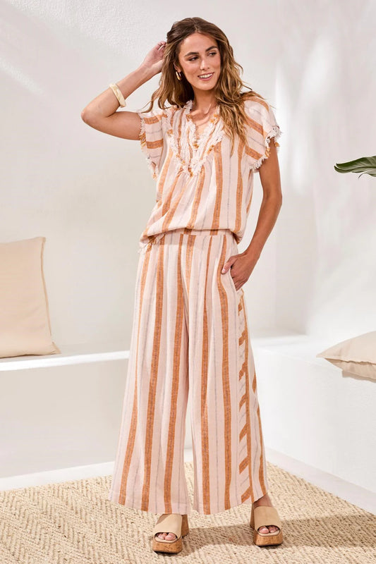 Tribal Linen Flowy Wide Leg Stripe Pants