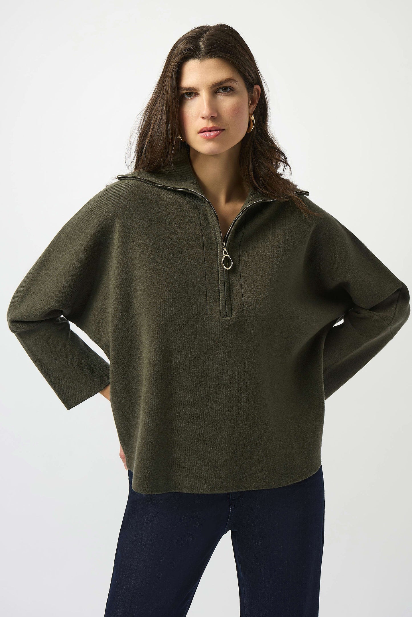 Joseph Ribkoff Sweater Knit Boxy Pullover With Zipped Collar Avocado 253963