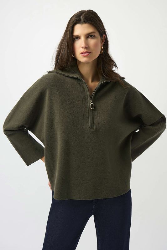 Joseph Ribkoff Sweater Knit Boxy Pullover With Zipped Collar Avocado 253963