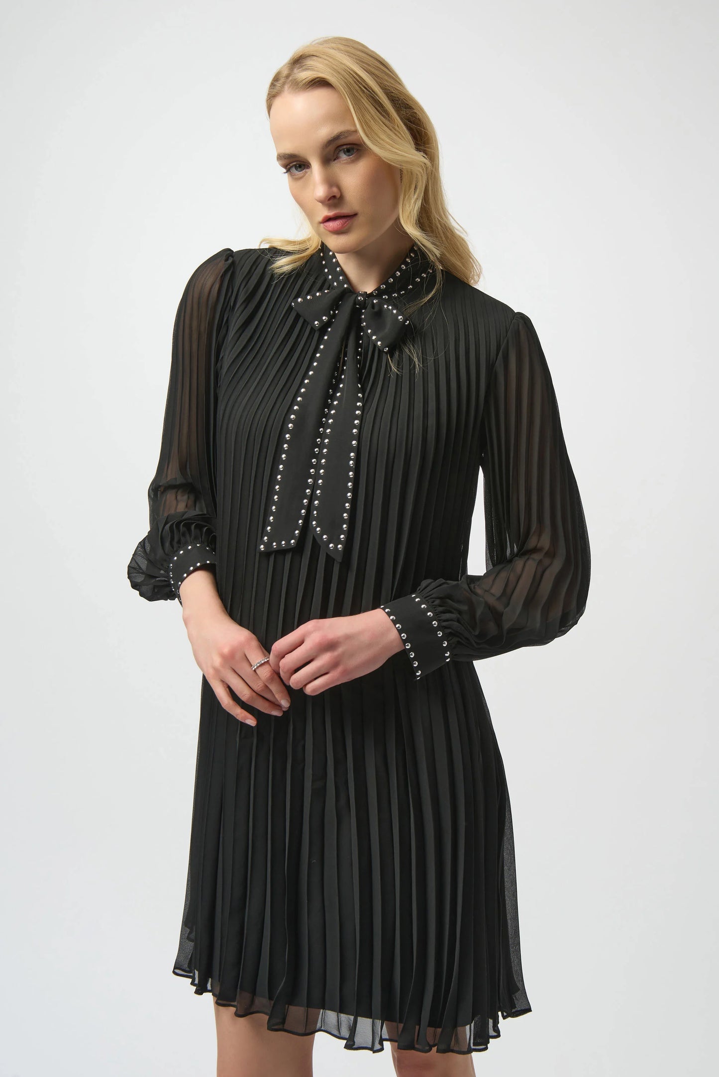 Joseph Ribkoff Pleated Chiffon Aline Dress with Neck Tie 254902