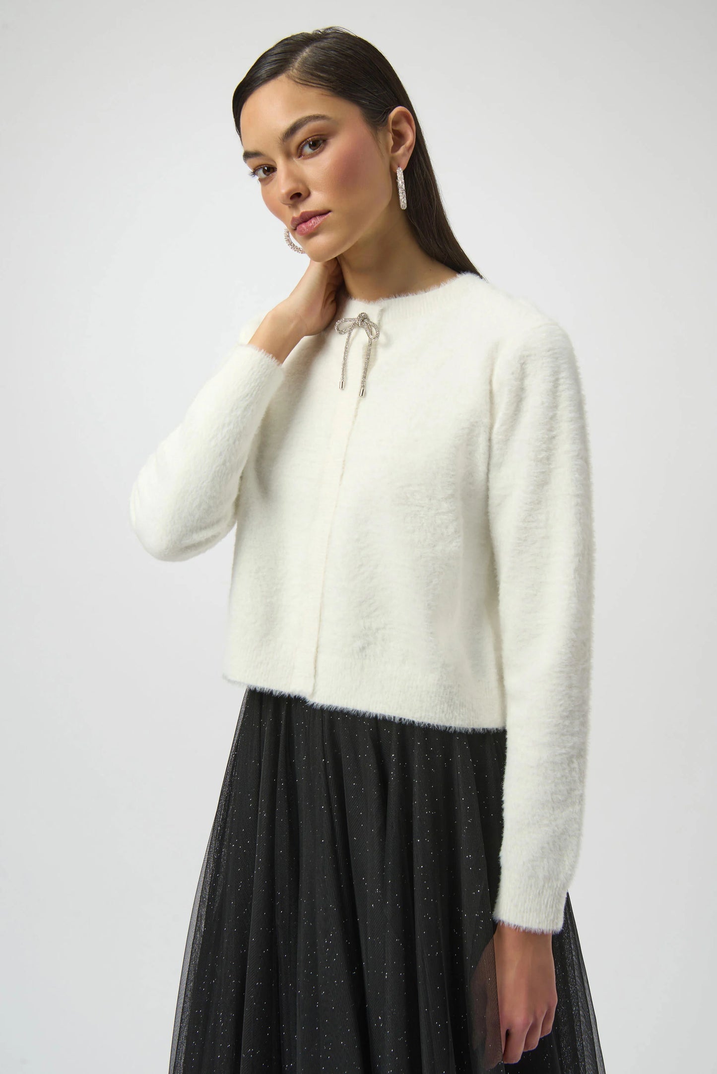 Joseph Ribkoff Feather Yarn Cardigan with Rhinestone Bow 254955