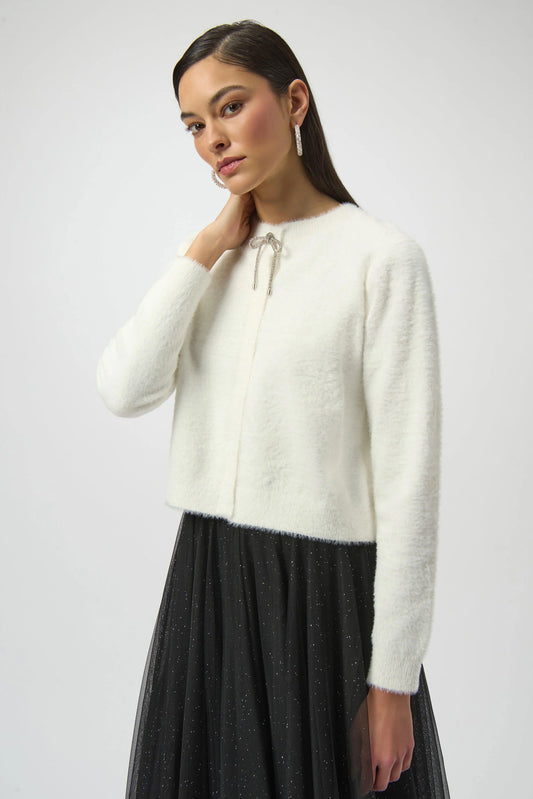 Joseph Ribkoff Feather Yarn Cardigan with Rhinestone Bow 254955