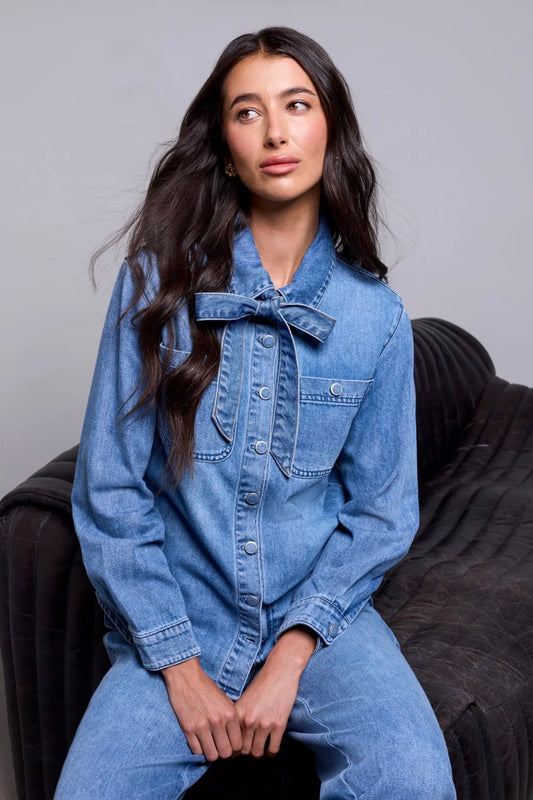 Tribal Blue Thread Button Up Bow Front Denim Blouse