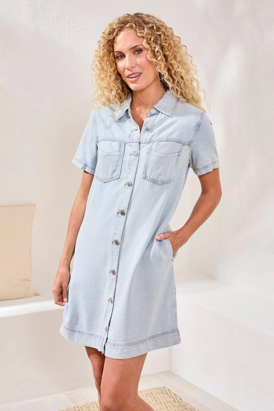 Tribal Blue Thread Button Down Denim Shift Dress