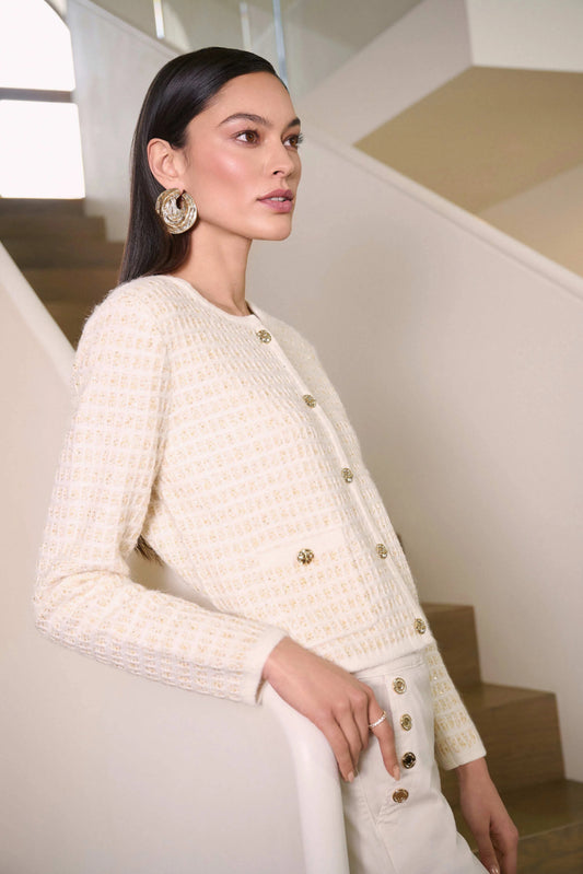Joseph Ribkoff Sequined Sweater Knit Cardigan with Gold Buttons 254938