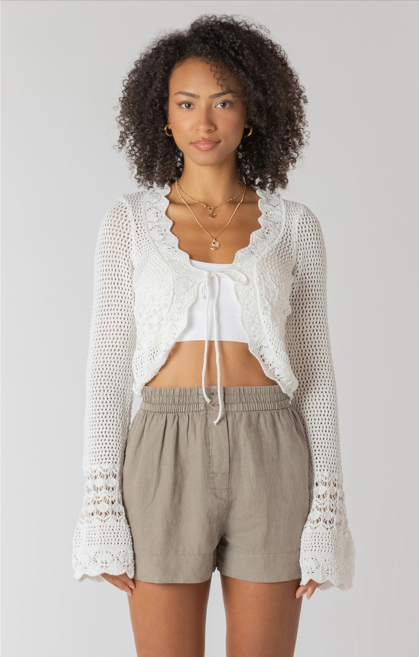 Room 34 Tie Front Crochet Cardigan Cream