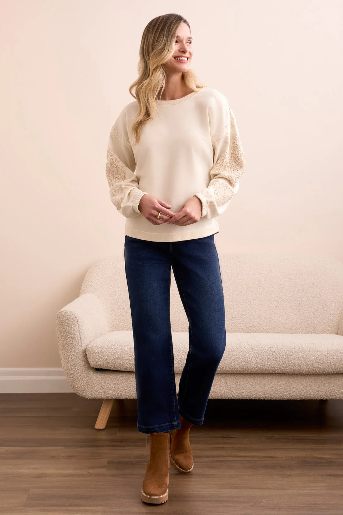 Tribal Embroidered Sleeve Sweatshirt Cream
