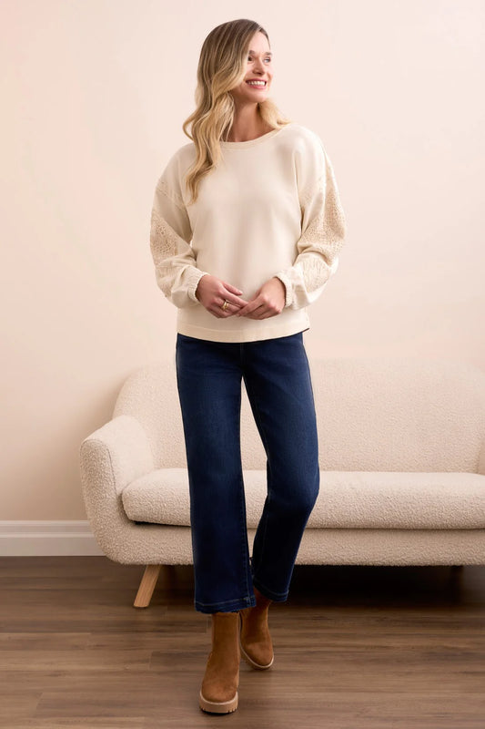 Tribal Embroidered Sleeve Sweatshirt Cream