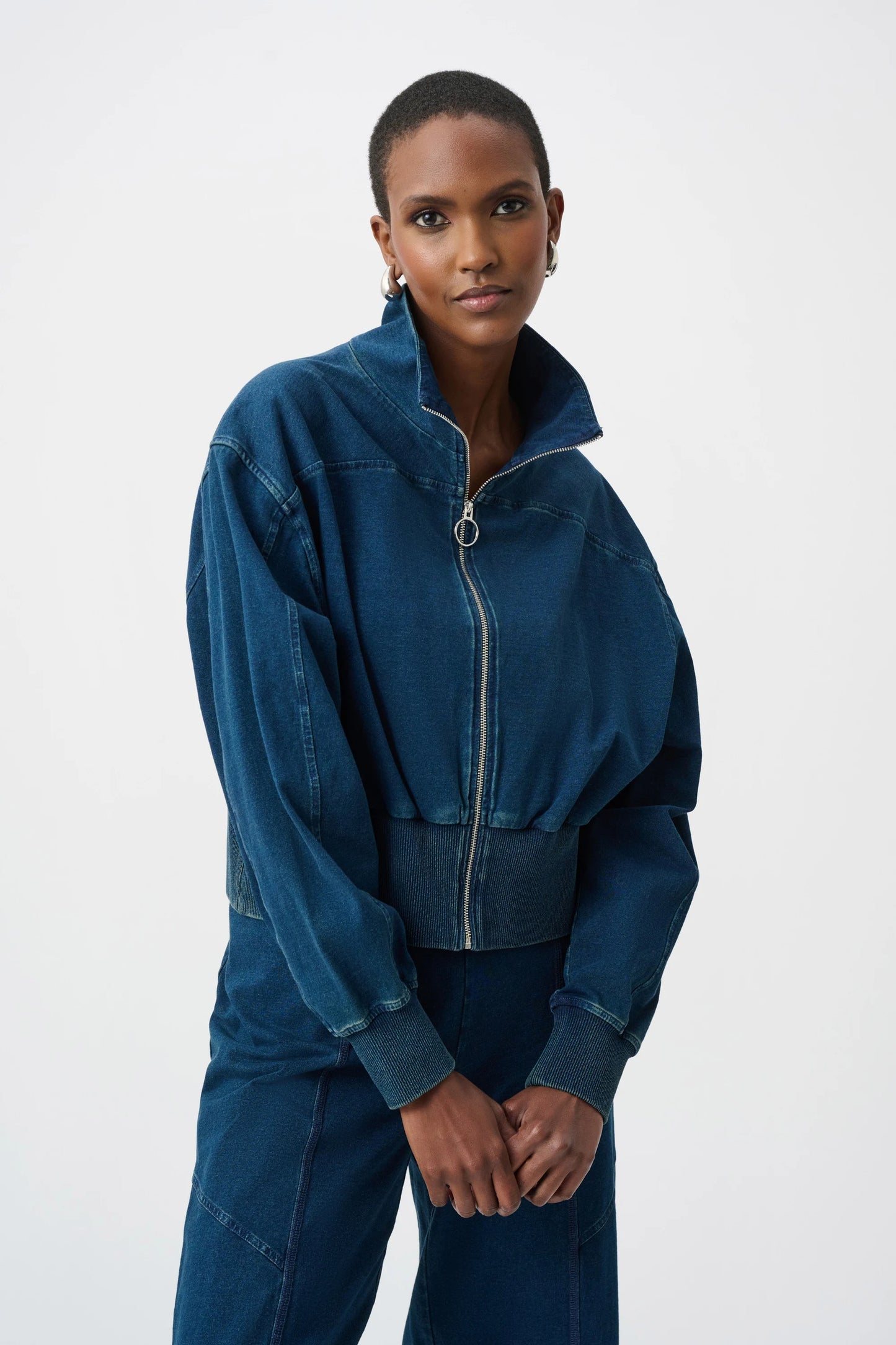 Knit Denim Funnel-Neck Bomber Jacket
263634