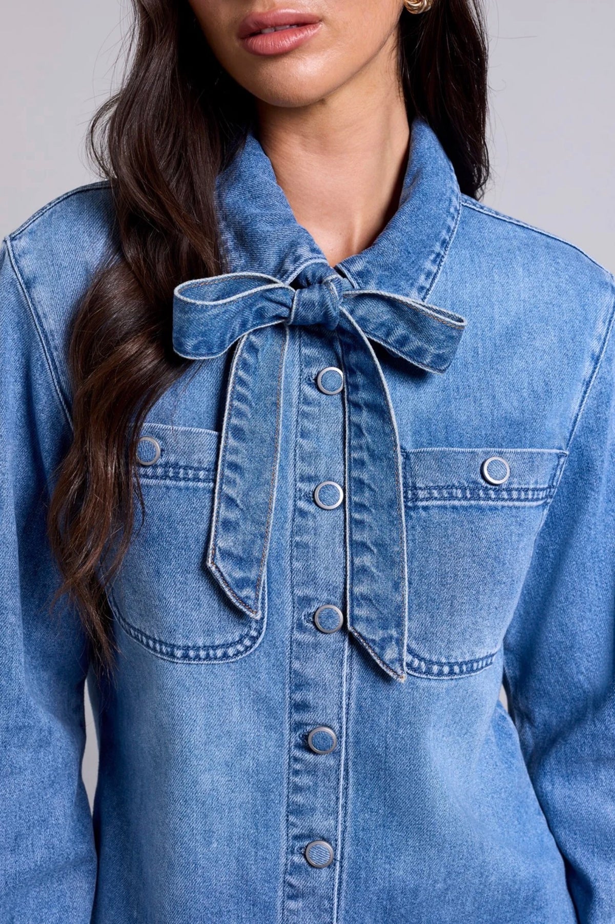Tribal Blue Thread Button Up Bow Front Denim Blouse