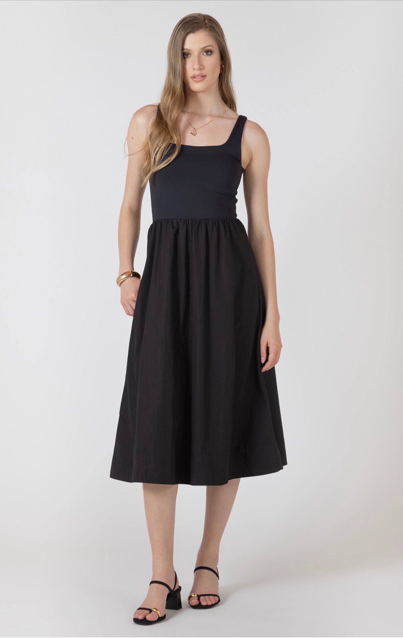 Black Tape Mixed Fabric Midi Dress Black