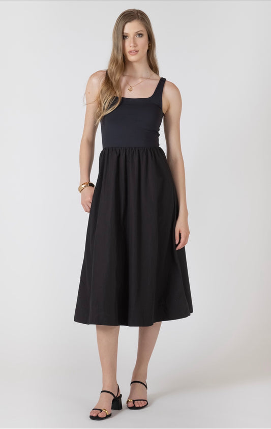 Black Tape Mixed Fabric Midi Dress Black