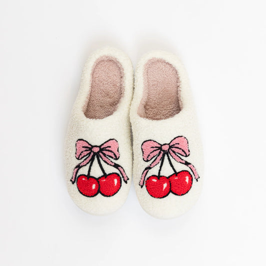 Lyla & Luxe Printed Sherpa Slides Cherry Bows