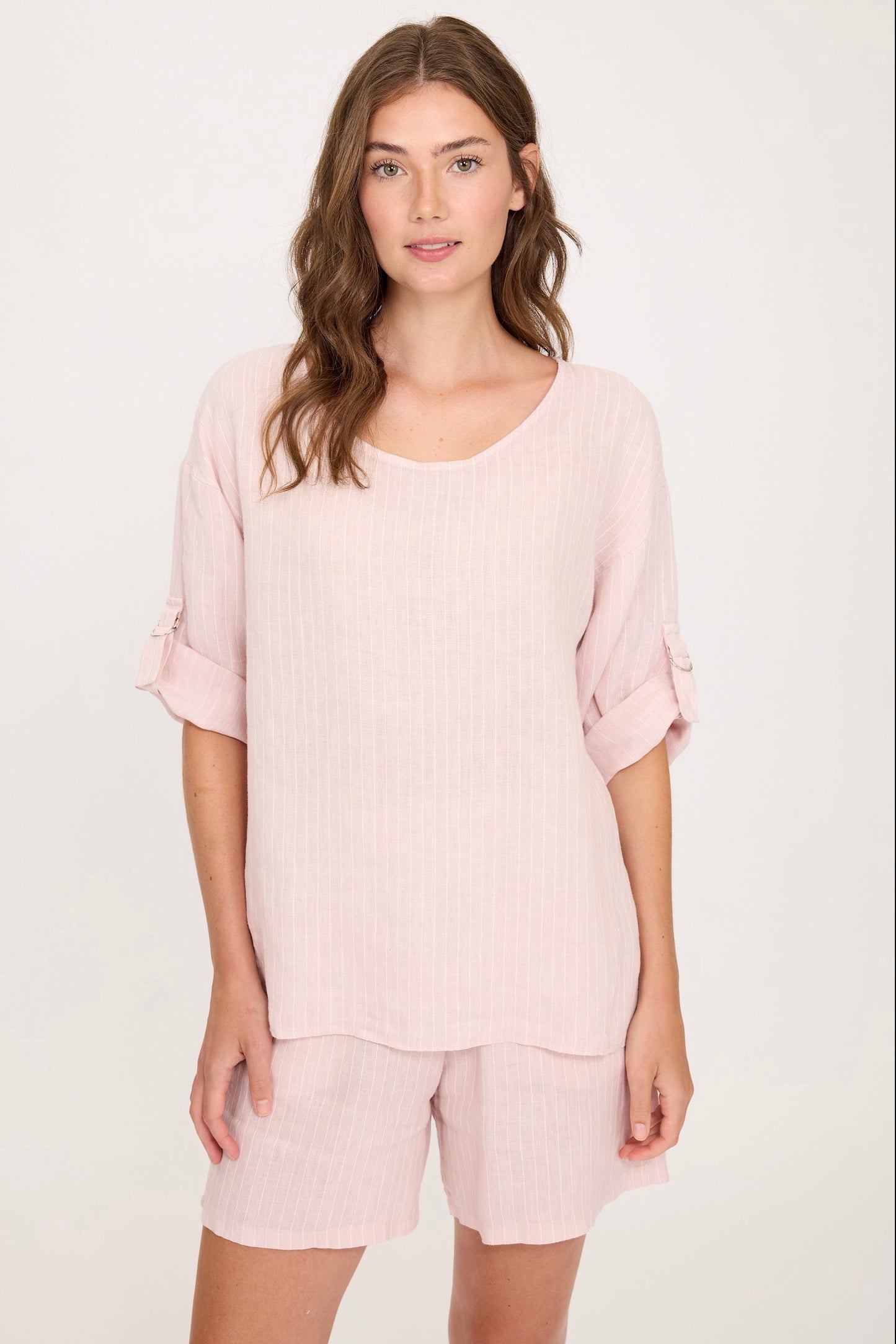 Pistache Linen Clasp Sleeve Top Pink Mist Stripe