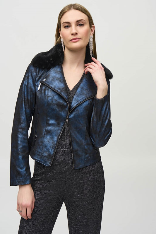 Joseph Ribkoff Foiled Suede Jacket with Faux-Fur Collar 244918