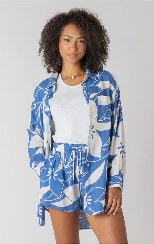 Room 34 Button Front Linen Shirt Azure Floral