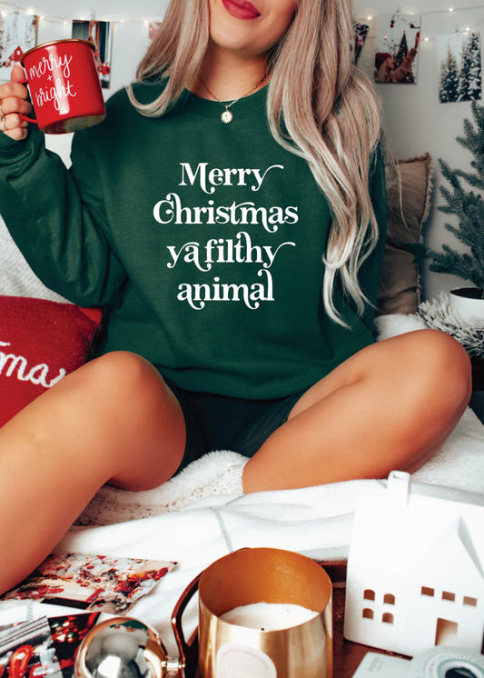 Merry Christmas Ya Filthy Animal Crewneck Green