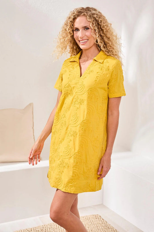 Tribal Elbow Sleeve V-Neck Tunic Dress Lemon