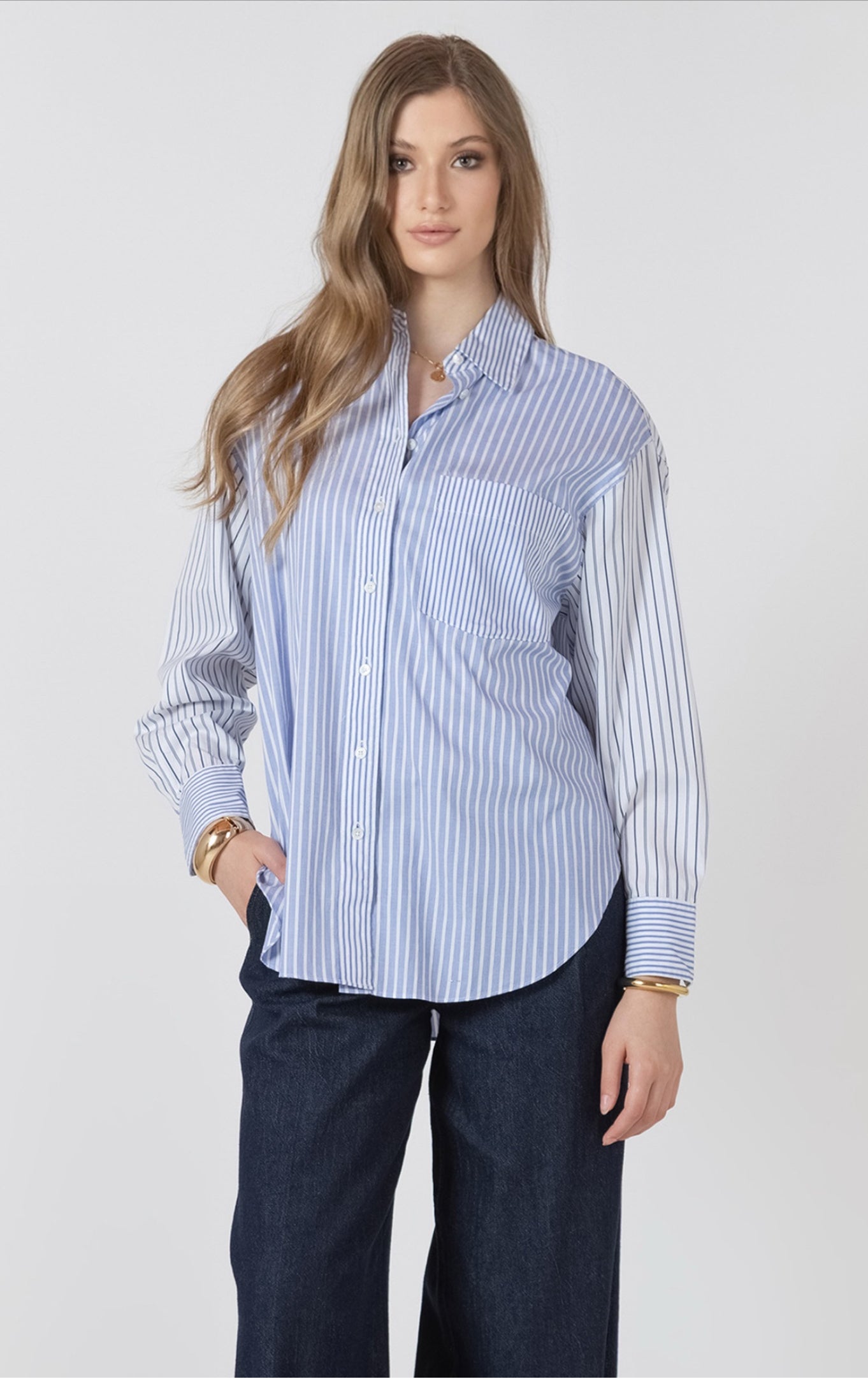 Black Tape Striped Colour Block Button Up Shirt