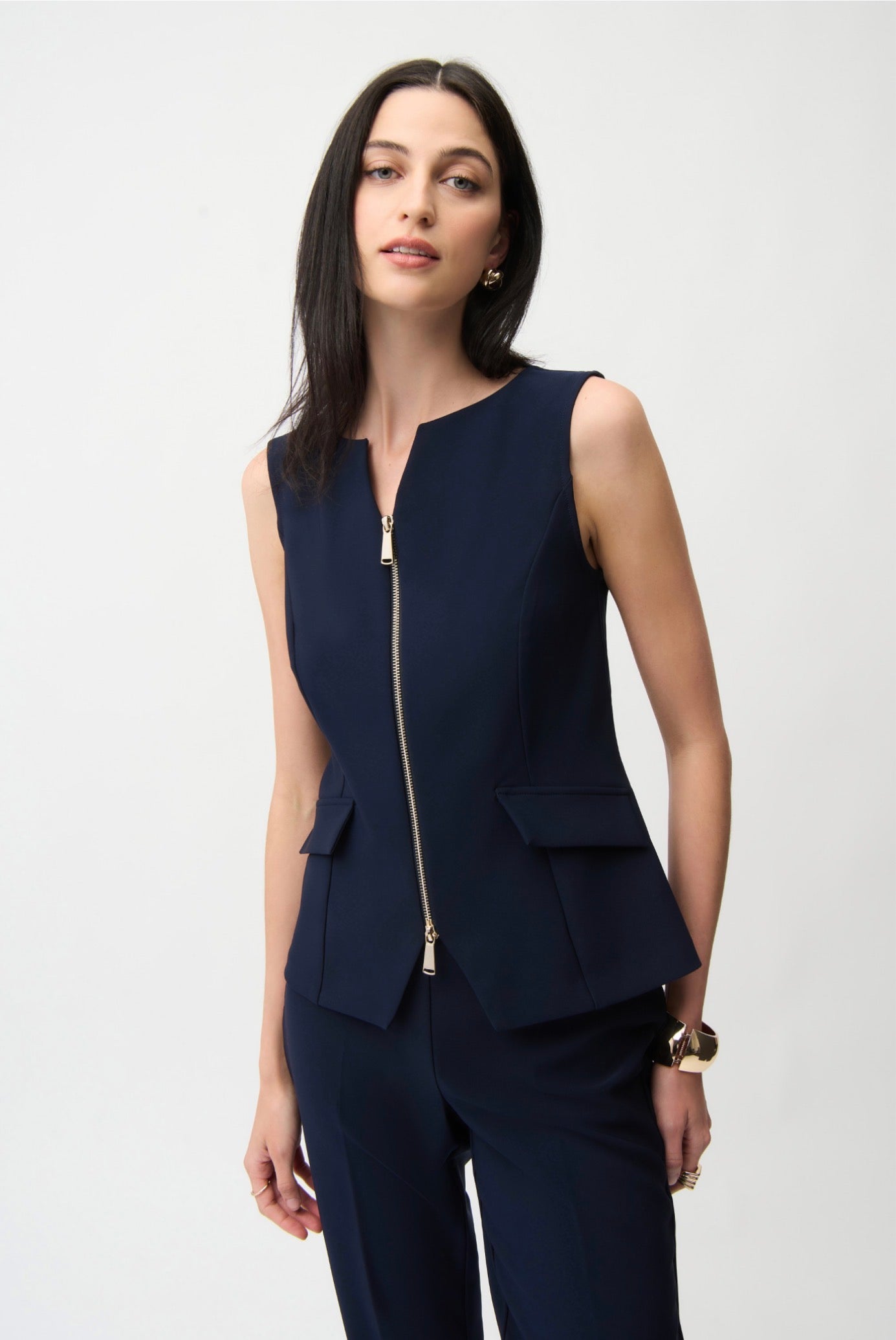 Joseph Ribkoff Lux Twill Fitted Vest With Front Zipper Midnight Blue 261054