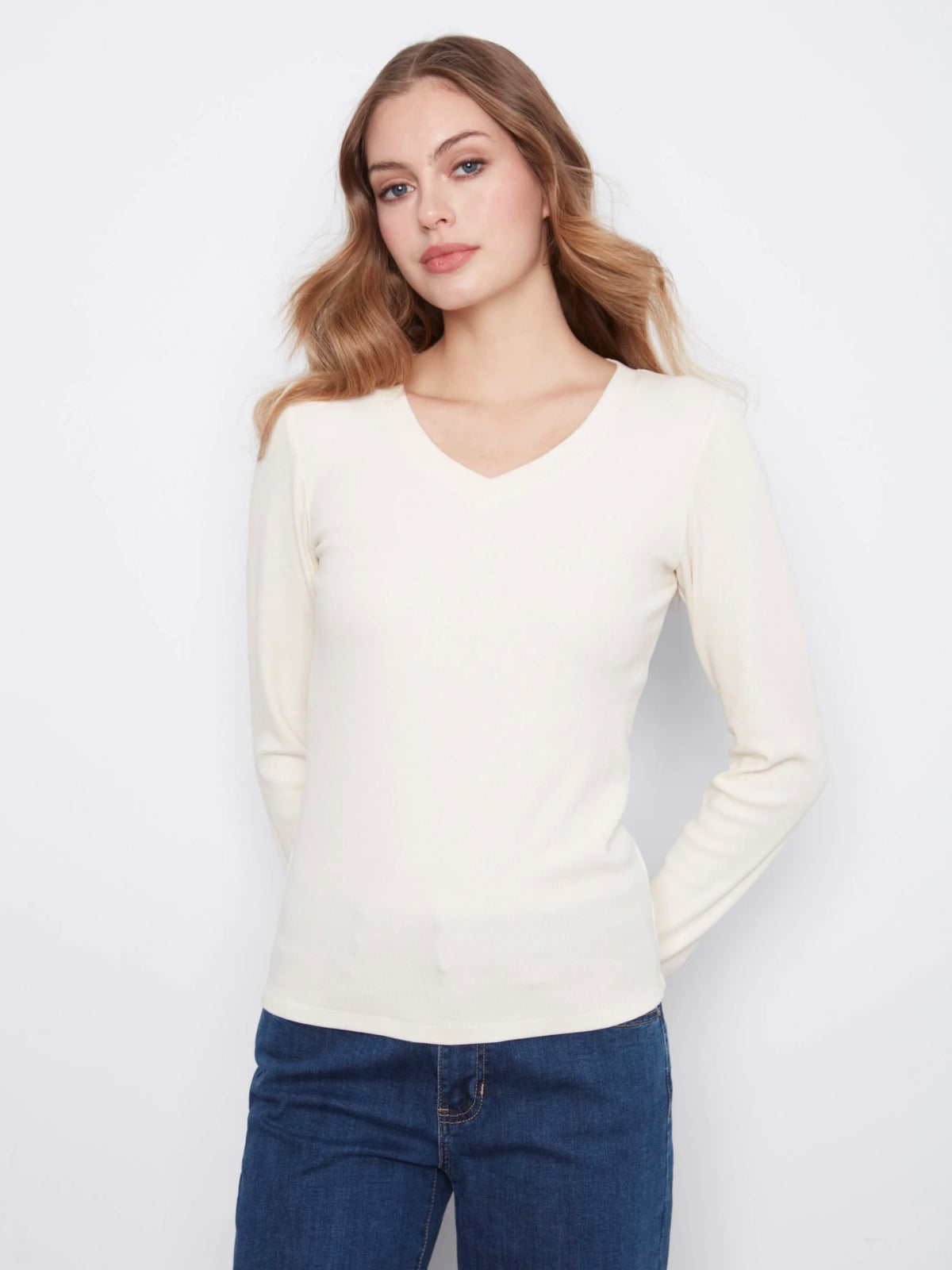 Charlie B Ribbed V-Neck Top Almond