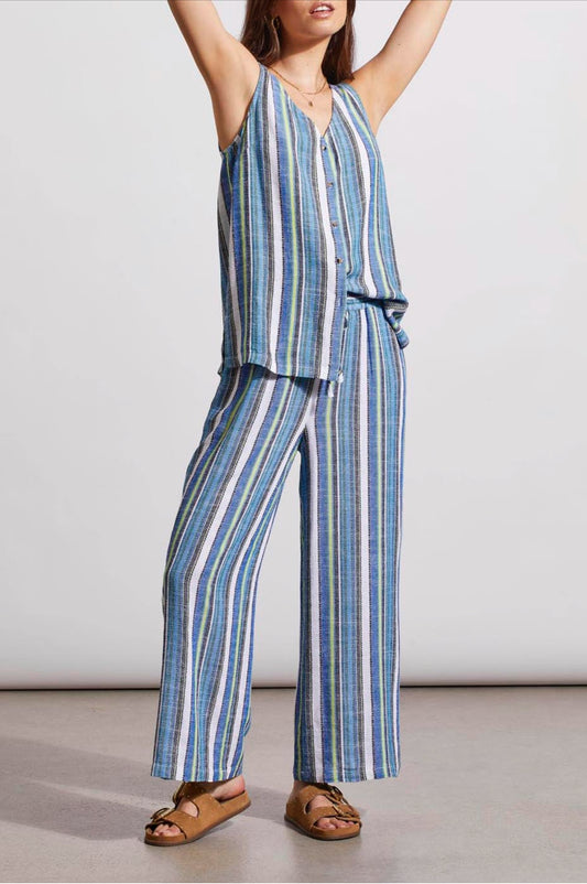 Tribal Linen Blend Flowy Striped Pants Blue Sea