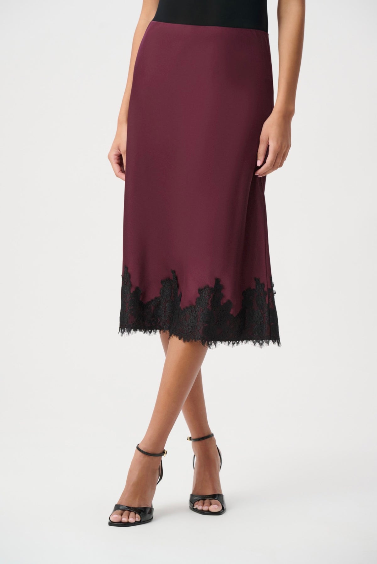 Joseph Ribkoff Recycled Satin Lace Trim Midi Skirt 264037