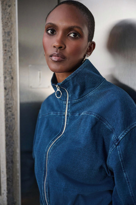 Knit Denim Funnel-Neck Bomber Jacket
263634