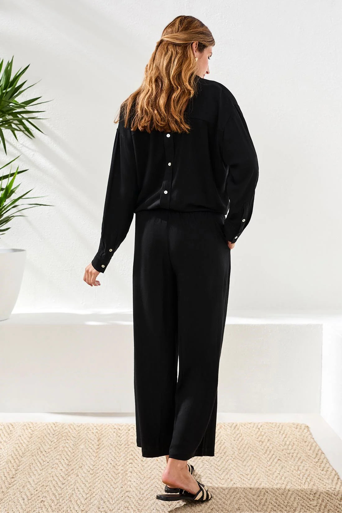 Tribal Linen Flowy Wide Ankle Pants Black