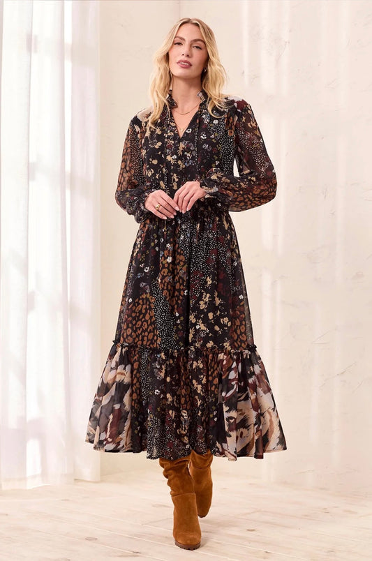 Tribal Smocked Waist Mixed Print Maxi Dress
