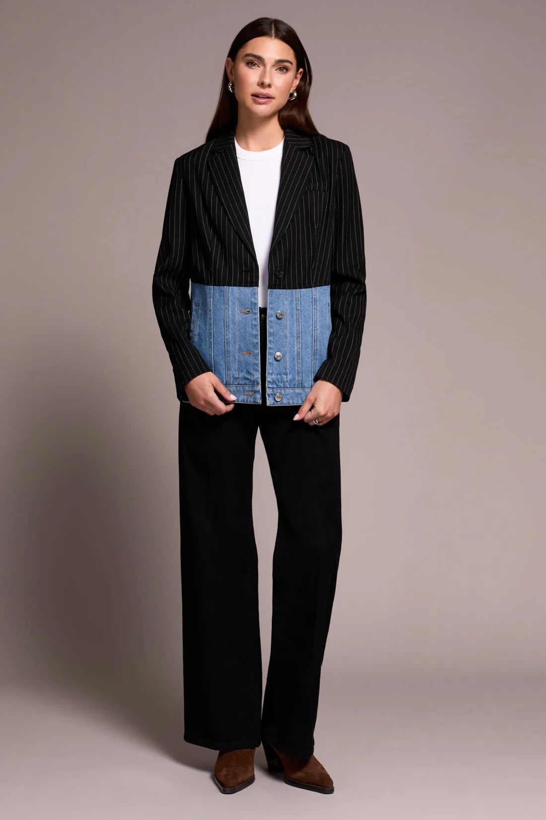 BLUE THREAD MIXED MEDIA PIN STRIPE & DENIM BLAZER