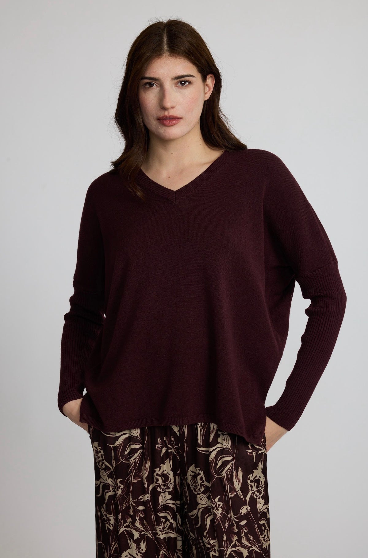 Pistache Ribbed Sleeve V-Neck Sweater Ruby